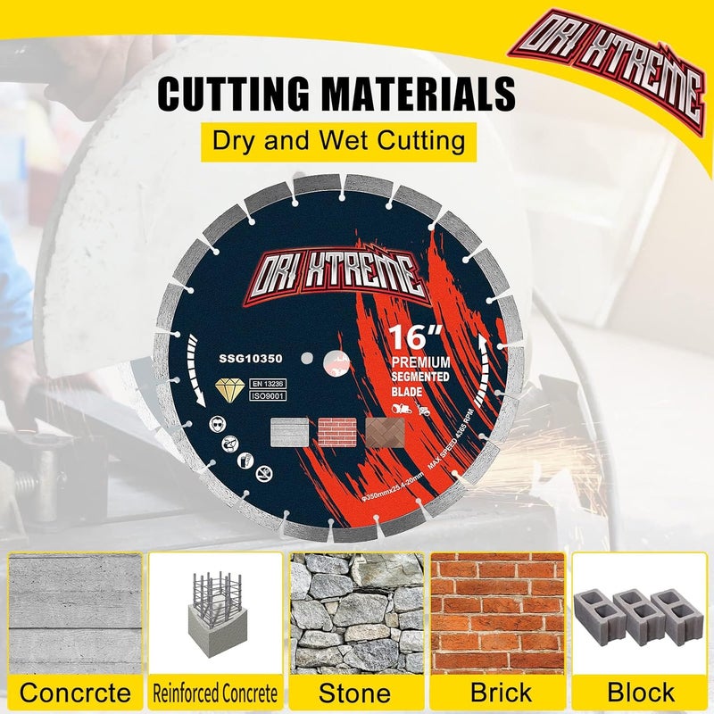 ORIXTREME 16 Inch Diamond Concrete Saw Blade, Segmented General Purpose Blade Dry/Wet Cutting Concrete, Reinforced Concrete, Masonry, Brick, Block,1"-20mm Arbor - Image 3